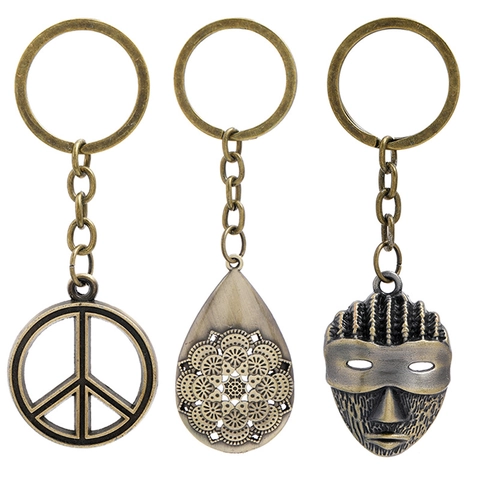 Ensemble de Porte-clés en Alliage de Bronze Vintage Signe de Paix Masque Pharaon Pendentif Mandala Anneau de Clé Cadeau