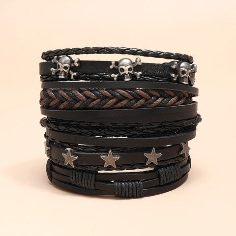 Punk Retro Mehrlagiges Gewebtes Rindsleder Armband Set Für Herren Legierung Totenkopf Stern Verstellbares Wickelarmband Schmuck
