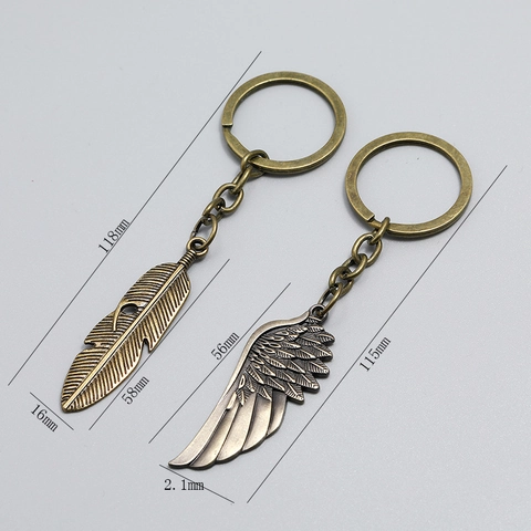 Vintage Brons Legering Veer Vleugel Sleutelhanger Minimalistisch Retro Metalen Hanger Sleutelring Voor Tas Vrouwen Mannen Sieraden