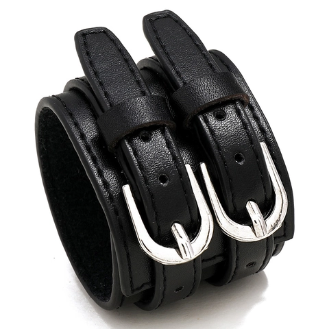 Bracciale in Pelle Sintetica Larga Retro Punk da Uomo con Doppia Fibbia in Lega e Cucitura Polsino Regolabile Gioielli di Moda