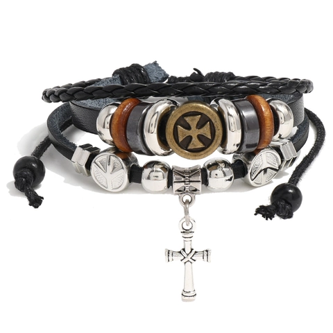 Men Vintage Multilayer Leather Braided Bracelet Handmade Beaded Cross Skull Leaf Charms Punk Bangle Wristband Jewelry Gift For Men