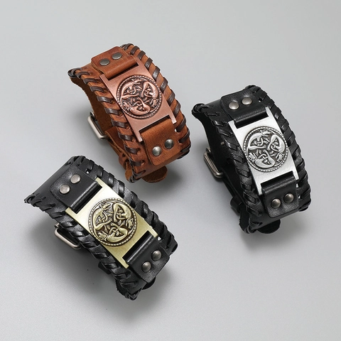 Vintage Viking Men Leather Bracelet Woven Cattle Leather Cuff With Celtic Knot Wolf Tree Of Life Alloy Metal Plate Punk Jewelry