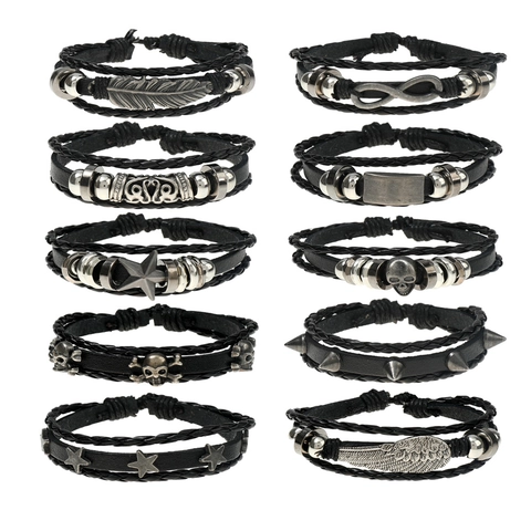 Vintage Punk Multi Layer Gevlochten Armband Voor Heren Kunstleer Infinity Schedel Veer Ster Charm Verstelbare Sieraden