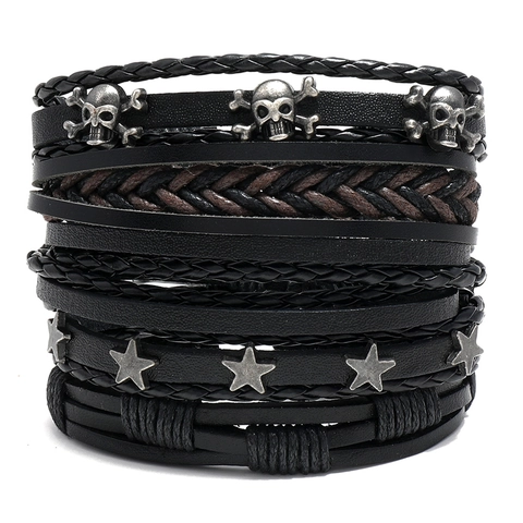 Punk Retro Mehrlagiges Gewebtes Rindsleder Armband Set Für Herren Legierung Totenkopf Stern Verstellbares Wickelarmband Schmuck