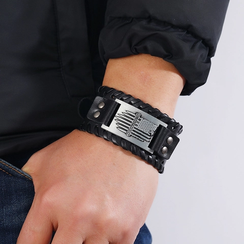 Herren Vintage Punk Breites Lederarmband Rindsleder Geflochten Legierung Metallplatte Nieten Verstellbar Retro Biker Schmuck Geschenk