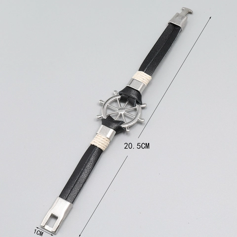 Bracciale da Uomo in Pelle con Timone Nautico Tessuto a Mano in Pelle di Vacchetta Intrecciata Stile Punk in Lega d'Argento