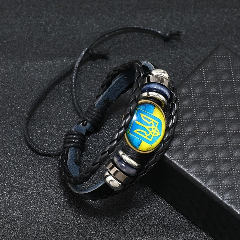 Bracciale Multistrato in Pelle PU Intrecciata Vintage con Motivo Bandiera Ucraina Cabochon in Vetro Bracciale Tessuto Regolabile Uomo Donna