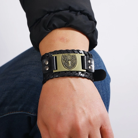 Vintage Wikinger Krieger Schild Herren Rindsleder Armband Breites Geflochtenes Band Nordische Runen Verstellbar Punk Schmuck