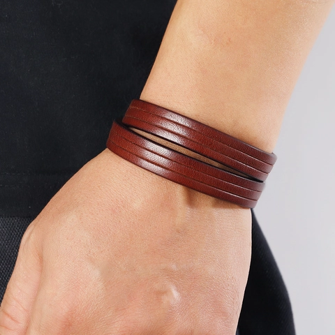 Vintage Doppellagiges Rindsleder Armband Für Herren Einfacher Punk Stil Verstellbarer Eisen Druckknopf Handmanschette Schmuck