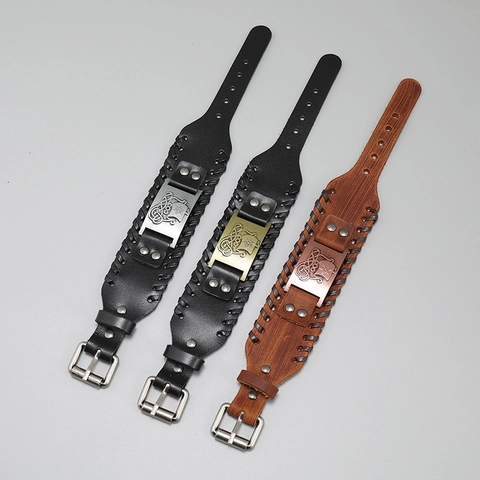 Pulsera de Cuero Ancha para Hombre Mitología Nórdica Vikinga Brazalete de Piel de Vaca Tejida Retro Joyería de Aleación