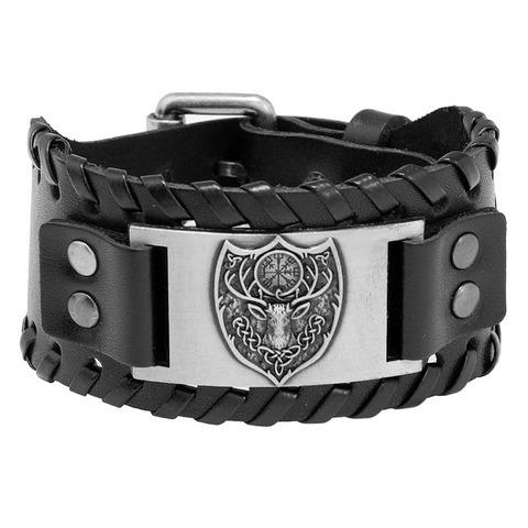 Vintage Wikinger Krieger Schild Herren Rindsleder Armband Breites Geflochtenes Band Nordische Runen Verstellbar Punk Schmuck