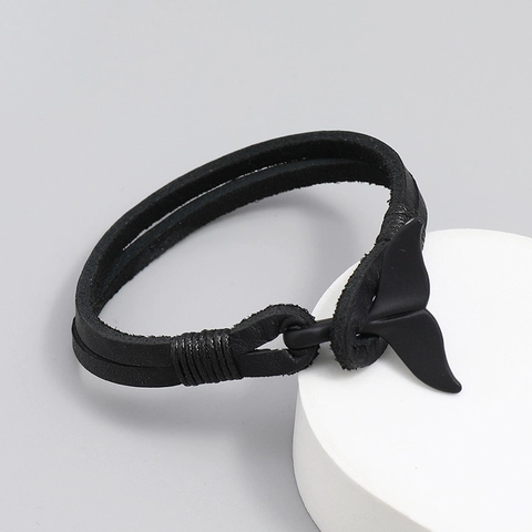 Herren Geflochtenes Rindsleder Armband Mit Walflosse Haken Schwarz Nautisches Mode Armband Minimalistisches Schnur Armband Für Herren Schmuck