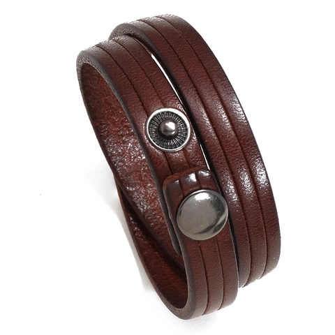 Vintage Doppellagiges Rindsleder Armband Für Herren Einfacher Punk Stil Verstellbarer Eisen Druckknopf Handmanschette Schmuck