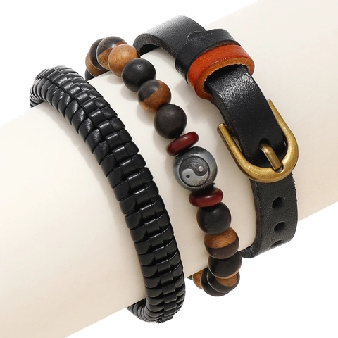 Set di 3 Bracciali in Pelle Intrecciata a Mano da Uomo Retrò con Perline in Legno Yin Yang Fibbia in Lega Gioielli Punk