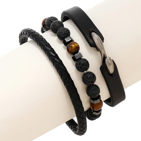 Handgefertigtes Lederarmband Für Herren Lavastein Tigerauge Perlen Geflochten Mehrlagiges Armband Punk Retro Schmuck Zubehör