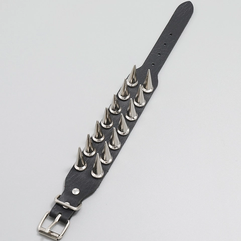 Punk Rock Schwarz PU Leder Spikes Armband Zweireihig Silberfarben Kegel Nieten Gothic Armreif Für Herren Damen Schmuck