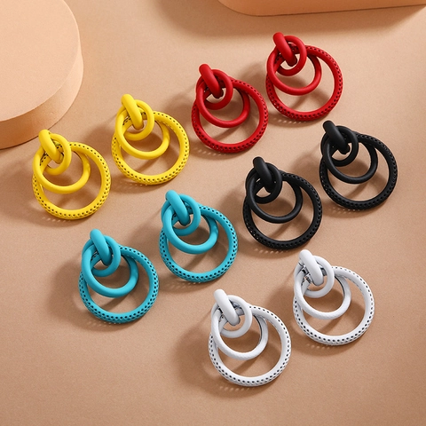 Exaggerated Geometric Hoop Earrings For Women Matte Lacquer Metal Triple Nested Circle Drop Earrings Fashion Statement Jewelry
