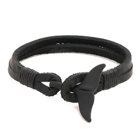Herren Geflochtenes Rindsleder Armband Mit Walflosse Haken Schwarz Nautisches Mode Armband Minimalistisches Schnur Armband Für Herren Schmuck