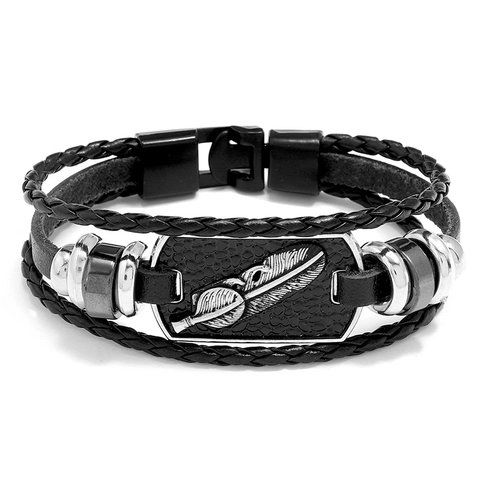 Bracciale da Uomo Vintage Multistrato in Pelle di Vacchetta Con Ciondolo a Piuma in Lega Perline Fatte a Mano Gioielli Punk