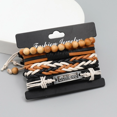 Retro Herren Lederarmband Handgewebtes Mehrlagiges Kordelarmband Mit Holzperlen Metallplatte Punk Bohemian Schmuck Geschenk