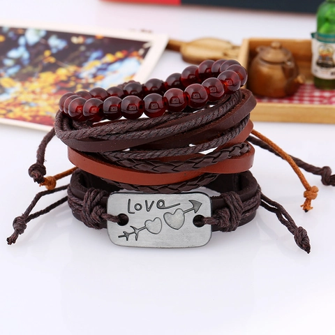 Bracciale Vintage in Pelle Intrecciata Multistrato Con Ciondolo Malocchio Amore in Lega Gioielli Stile Punk Bohemien Per Uomo Donna