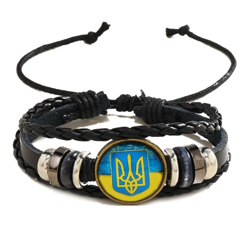 Bracciale Multistrato in Pelle PU Intrecciata Vintage con Motivo Bandiera Ucraina Cabochon in Vetro Bracciale Tessuto Regolabile Uomo Donna