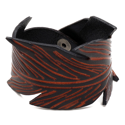 Bracciale da Uomo Vintage in Pelle Larga Punk con Foglia e Piuma Goffrata Polsino Regolabile con Bottone a Pressione Gioielli in Pelle
