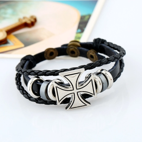 Punk Men Multi-layer Braided Synthetic Leather Bracelet Alloy Cross Charm Vintage Adjustable Hand-woven Wristband Jewelry Gift