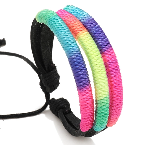 Handgefertigtes Geflochtenes Regenbogen Lederarmband Für Herren Damen Verstellbares Ethno Wachskordel Nylon Freundschaftsarmband