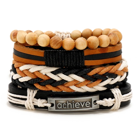 Retro Herren Lederarmband Handgewebtes Mehrlagiges Kordelarmband Mit Holzperlen Metallplatte Punk Bohemian Schmuck Geschenk