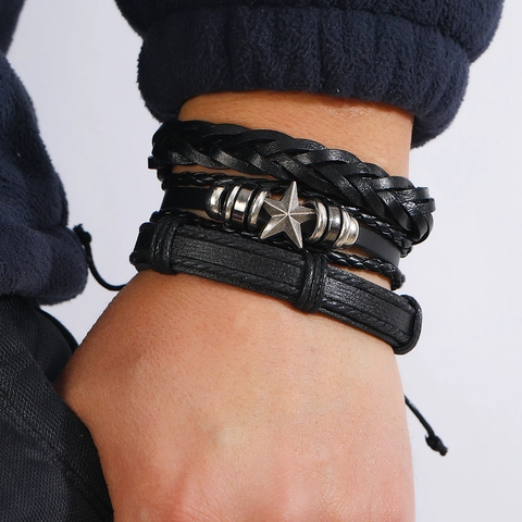 Heren Punk Zwart Gevlochten Leren Armband Gestapeld Ster Oneindigheid Legering Kralen Bedel Retro Boheems Verstelbaar Sieraden