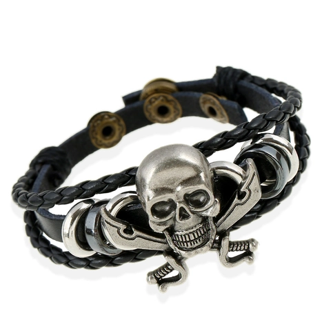 Punk Pirate Skull Artificial Leather Braided Bracelet For Men Women Vintage Alloy Skeleton Cross Sword Multi Layer Wristband