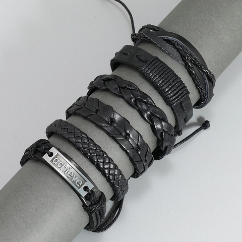 Pulseras de Cuero Artificial Negro Multicapa Tejidas a Mano Cordón Encerado Aleación Signo de Dólar Achieve Pulsera Punk Joyería para Hombre
