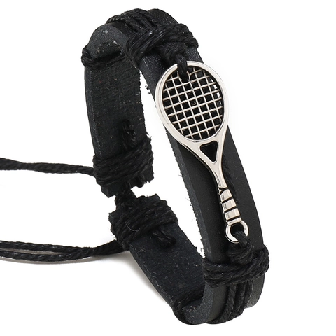 Men's Simple Hand-woven Tennis Racket Leather Bracelet Black Adjustable PU Cord Braided Bracelet Jewelry Gift For Him