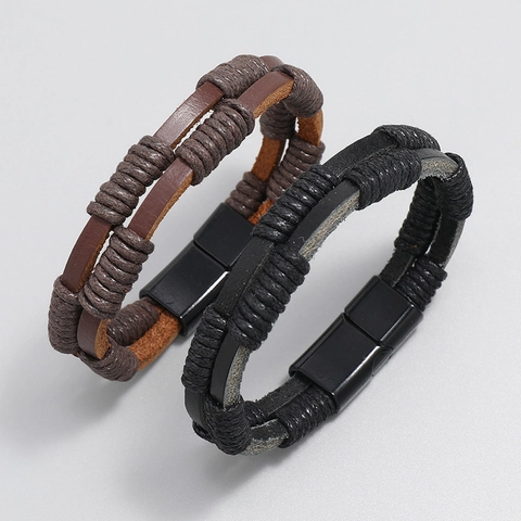 Heren Handgemaakte Gevlochten Echt Rundlederen Armband Met Magneetsluiting Retro Casual Meerlaagse Wikkelarmband Sieraden