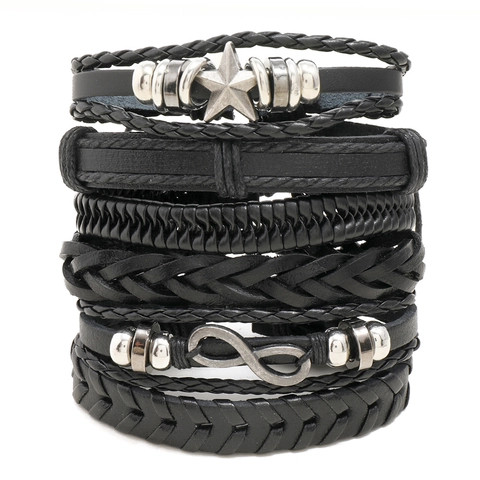 Heren Punk Zwart Gevlochten Leren Armband Gestapeld Ster Oneindigheid Legering Kralen Bedel Retro Boheems Verstelbaar Sieraden