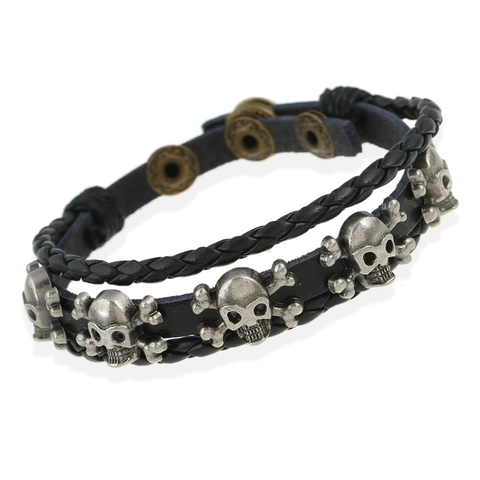 Bracciale Multistrato in Pelle Artificiale Intrecciata Punk Rock per Uomo Donna Charm Teschio in Lega Gioielli Moda Occidentale Gotica