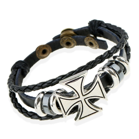 Punk Men Multi-layer Braided Synthetic Leather Bracelet Alloy Cross Charm Vintage Adjustable Hand-woven Wristband Jewelry Gift