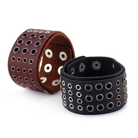 Bracciale Rigido in Pelle di Vacchetta Larga Punk Rock per Uomo Donna Vintage Bracciale Multistrato con Occhielli in Metallo Gioielli