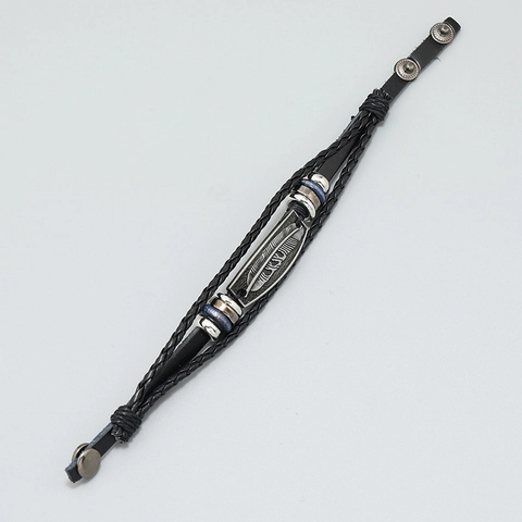 Retro Men Braided Leather Bracelet Metal Feather Charm Vintage Bohemian Punk Beaded Hand Jewelry Adjustable Snap Button