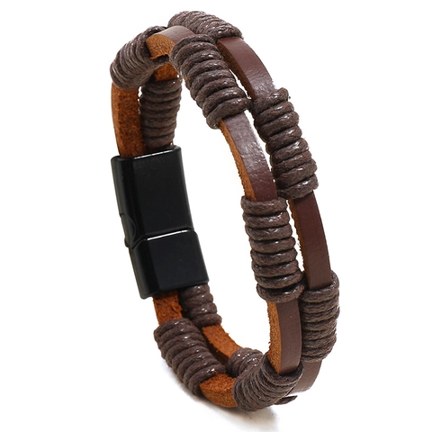 Heren Handgemaakte Gevlochten Echt Rundlederen Armband Met Magneetsluiting Retro Casual Meerlaagse Wikkelarmband Sieraden