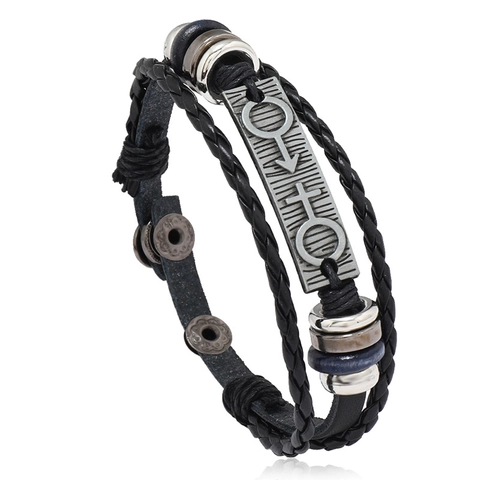 Punk Minimalistische Meerlaagse Gevlochten Lederen Armband Voor Koppels Zwart Legering Metaal Gender Symbolen Verstelbaar Sieraden
