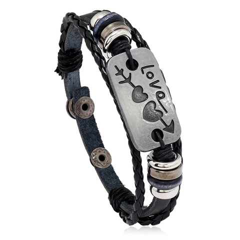 Retro Punk Braided Leather Bracelet For Men Women Unisex Love Heart Arrow Multi-layer Alloy Plate Charm Cuff Bracelet Jewelry