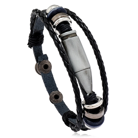 Men's Multi Layer Leather Braided Bracelet Vintage Punk Wrap Jewelry With Alloy Bullet Pendant Adjustable Buckle Gift