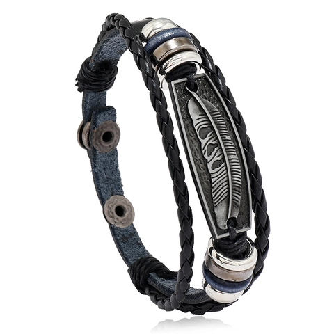 Retro Men Braided Leather Bracelet Metal Feather Charm Vintage Bohemian Punk Beaded Hand Jewelry Adjustable Snap Button