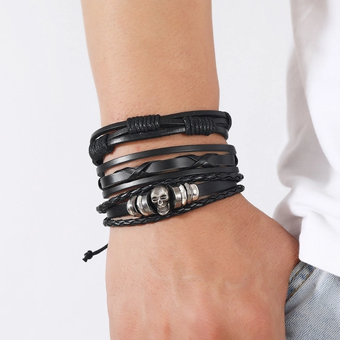 Vintage 6-Delig Heren Punk Schedel Ster Lederen Armband Set Geweven Meerlaags Verstelbaar Hip Hop Rock Sieraden