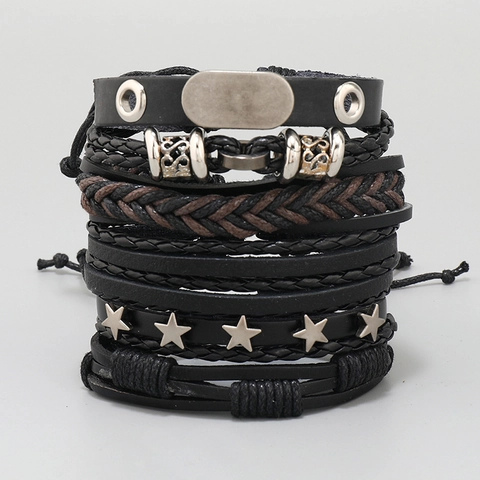 Vintage Herren Punk Mehrlagiges Lederarmband Handgefertigt Geflochten Verstellbar Stern Legierung Wickelarmband Schmuck Geschenk