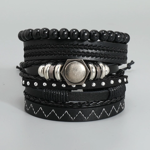 Punk Leder Armband Set Mehrlagige Geflochtene Wachsschnur Holzperlen Armbänder Mit Sechskant Metall Nieten Für Herren Damen Retro Rock Schmuck