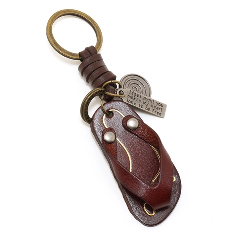Vintage Handmade Cowhide Leather Flip Flop Slipper Keychain Creative Weaving Bag Pendant Retro Metal Key Ring For Men Women Gift