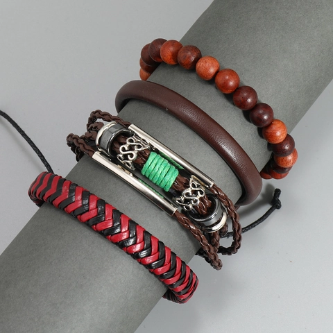 Lagenlook Geflochtene Armbänder Für Herren Damen Kunstleder Legierung Holzperlen Wachsschnur Retro Punk Schmuck Accessoire
